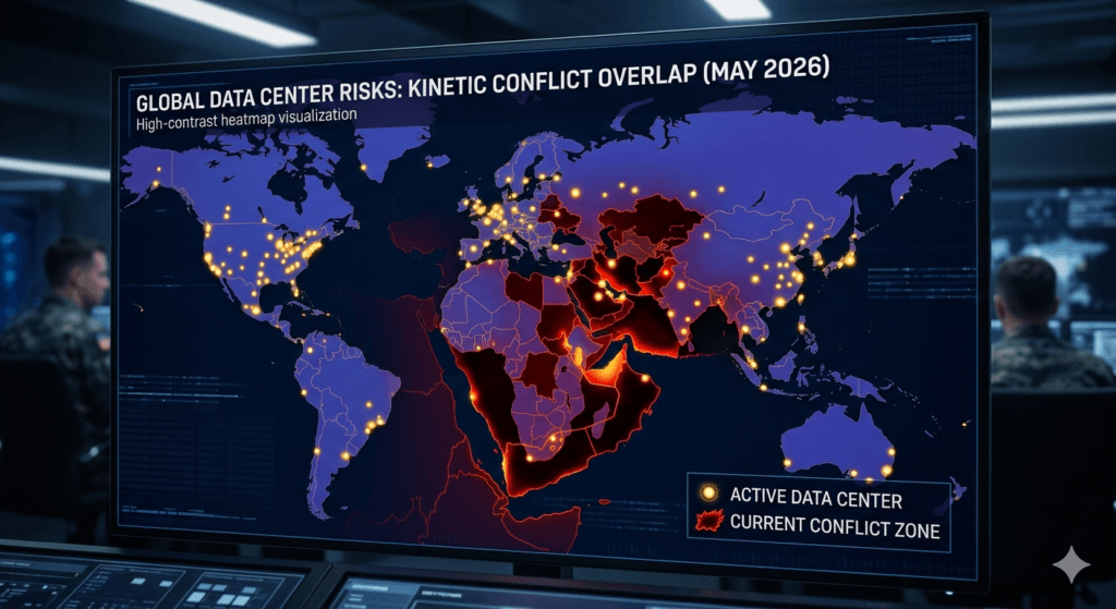 High-contrast heatmap showing global data center locations and conflict zones during the Tech War 2026