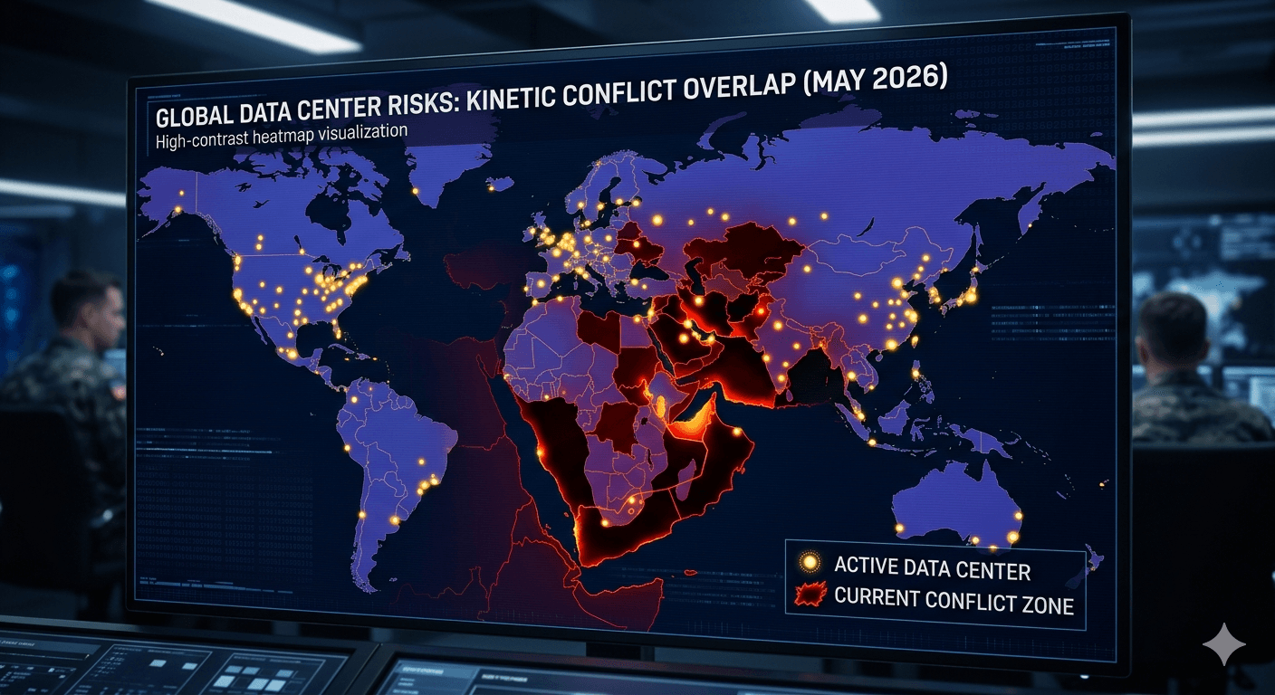 High-contrast heatmap showing global data center locations and conflict zones during the Tech War 2026